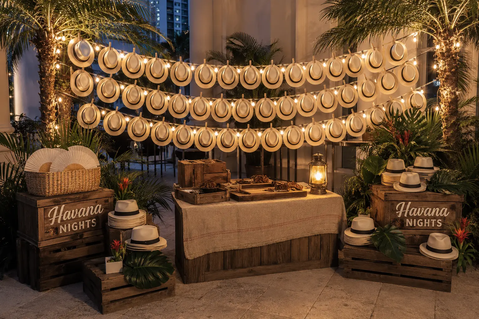 Havana Nights themed display with fedoras and string lights