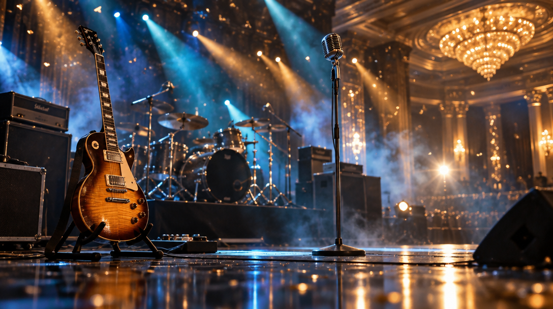 Live concert stage with guitar, microphone, and dramatic stage lighting