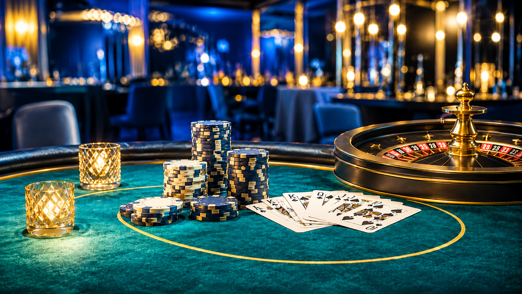 Casino table with chips, cards, and a roulette wheel